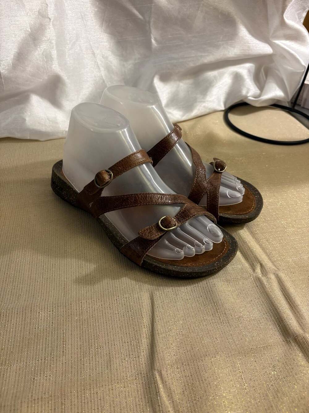 Teva Brown Leather Strappy Cork Footbed slip on Sandals with Buckles